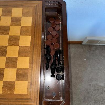 BEAUTIFUL INLAID WOODEN GAME TABLE WITH 2 CHAIRS