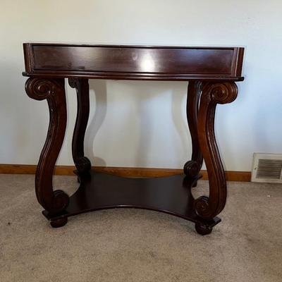 BEAUTIFUL INLAID WOODEN GAME TABLE WITH 2 CHAIRS