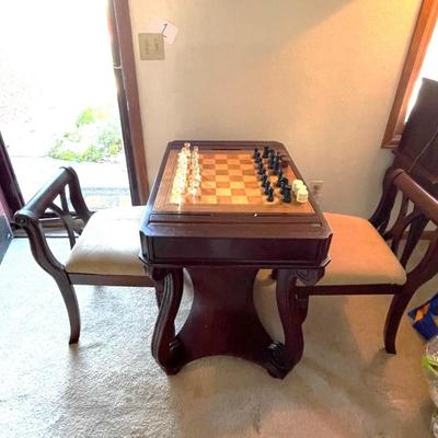 BEAUTIFUL INLAID WOODEN GAME TABLE WITH 2 CHAIRS