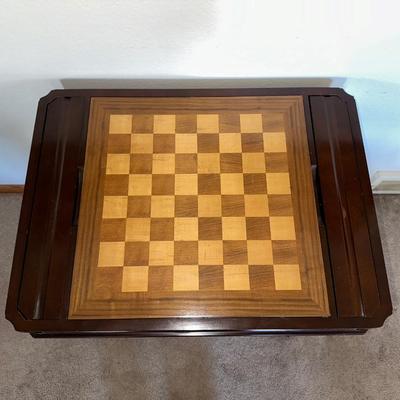 BEAUTIFUL INLAID WOODEN GAME TABLE WITH 2 CHAIRS