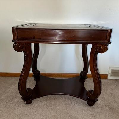 BEAUTIFUL INLAID WOODEN GAME TABLE WITH 2 CHAIRS