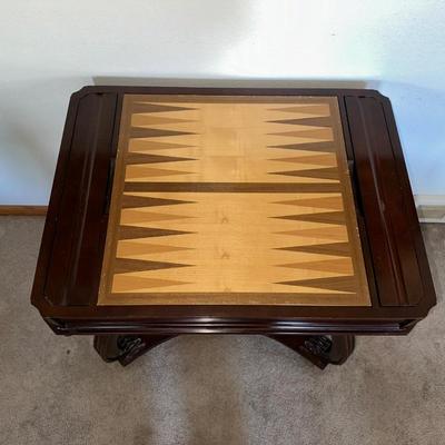 BEAUTIFUL INLAID WOODEN GAME TABLE WITH 2 CHAIRS