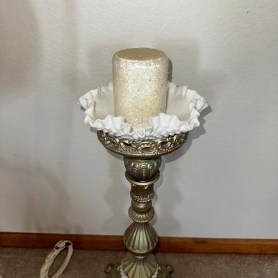 HANGING CLOCK ON AN IRON FRAME AND 2 FLOOR PILLAR CANDLE HOLDERS