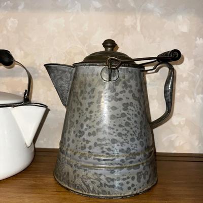 GRANITE WARE COFFEE POT AND ENAMEL KETTLE