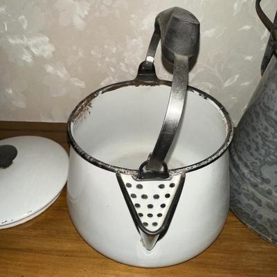 GRANITE WARE COFFEE POT AND ENAMEL KETTLE