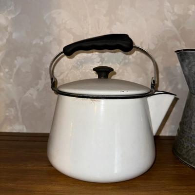 GRANITE WARE COFFEE POT AND ENAMEL KETTLE