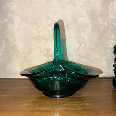 TEAL GLASS BASKET WITH COLORED VASE AND BOTTLE