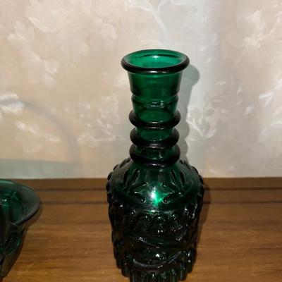 TEAL GLASS BASKET WITH COLORED VASE AND BOTTLE