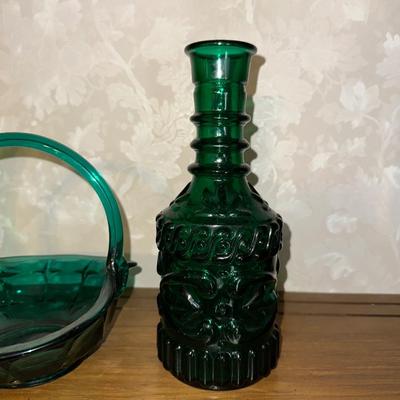 TEAL GLASS BASKET WITH COLORED VASE AND BOTTLE