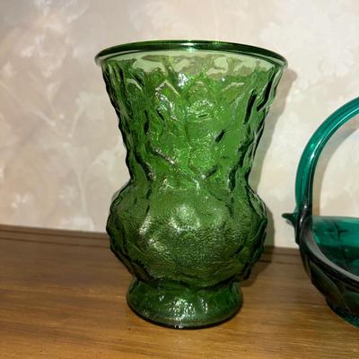 TEAL GLASS BASKET WITH COLORED VASE AND BOTTLE