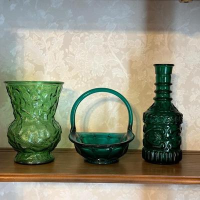 TEAL GLASS BASKET WITH COLORED VASE AND BOTTLE