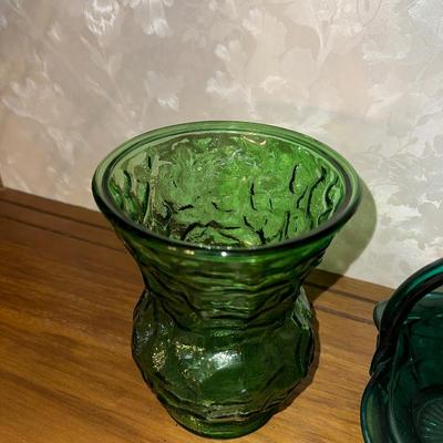 TEAL GLASS BASKET WITH COLORED VASE AND BOTTLE