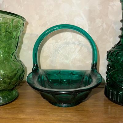 TEAL GLASS BASKET WITH COLORED VASE AND BOTTLE