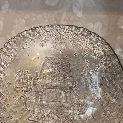 HOLIDAY GLASS PLATTER, STEMMED GLASSES AND A ROCKING HORSE