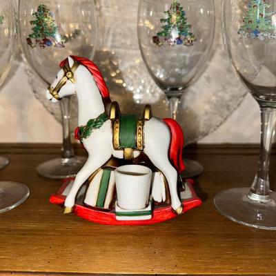 HOLIDAY GLASS PLATTER, STEMMED GLASSES AND A ROCKING HORSE