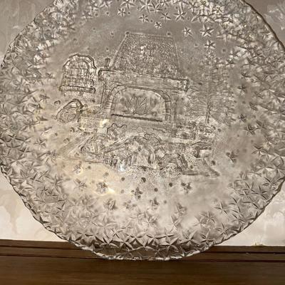 HOLIDAY GLASS PLATTER, STEMMED GLASSES AND A ROCKING HORSE