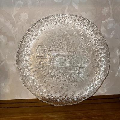 HOLIDAY GLASS PLATTER, STEMMED GLASSES AND A ROCKING HORSE