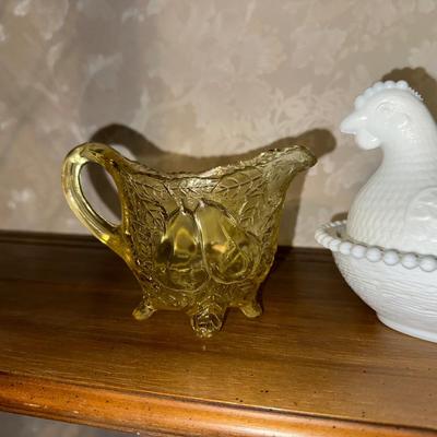 MILK GLASS HEN ON NEST AND GLASS SUGAR CREAM SET