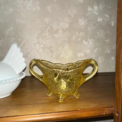 MILK GLASS HEN ON NEST AND GLASS SUGAR CREAM SET