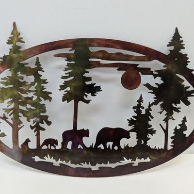 Oval Retro Laser Cutting Metal Wall Art Handmade Silhouette Creative Forest Wildlife Bears
