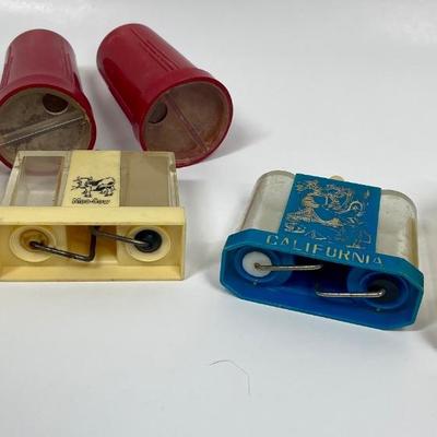 Vintage Retro Salt & Pepper Lot - MCM shakers Whirley Moo-Cow & Souvenir push button advertising