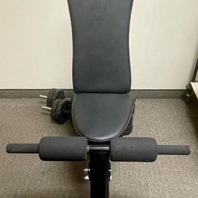 Sale Photo Thumbnail #323: Steel frame, multi-position backrest for sitting or laying flat workouts. 300 pound capacity.  Includes 2 adjustable dumbbells (each with 4 2.5kg widths), plus 4 extra 2kg weights and 4 extra 2.5kg weights, and a padded bar with threaded ends for creating