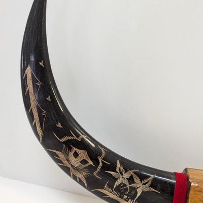 Vintage Philippines Wood Pen Pencil Holder Hand Carved & Engraved Horns