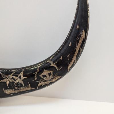 Vintage Philippines Wood Pen Pencil Holder Hand Carved & Engraved Horns