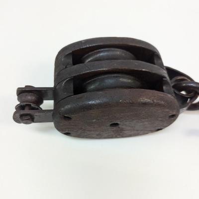 Vintage Large Wood Block & Tackle Pulley With Hook