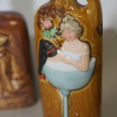 GROUPING OF THREE GERMAN ANTIQUE CERAMIC LIQUOR FLASKS - CHARACTER FORMS