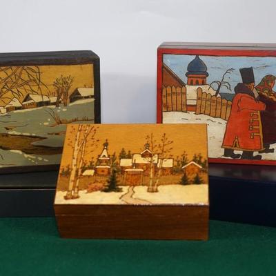 GROUP OF THREE VINTAGE WOODEN HINGED RUSSIAN PYROGRAPHY LID BOXES/ HAND DECORATED - GREAT GIFT IDEA