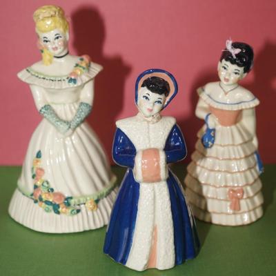 CERAMIC ARTS STUDIO THREE LADY BELLS LILLIBELLE, WINTER BELL & LILLIBELLE W/BLACK HAIR