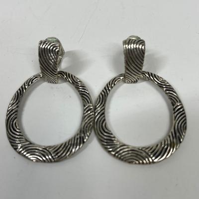 Silver Tone and Black Hoop Earrings