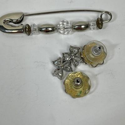 Silvertone Jewelry Lot: 2 Pair Earrings and Safety-Pin Brooch