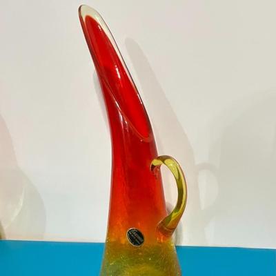 Vintage 12" Kanawha Amberina Red/Yellow Sunburst Crackle Glass Pitcher.