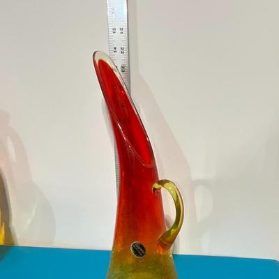 Vintage 12" Kanawha Amberina Red/Yellow Sunburst Crackle Glass Pitcher.