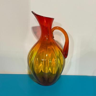 Vintage Blenko Tangerine Ribbed Glass Pitcher