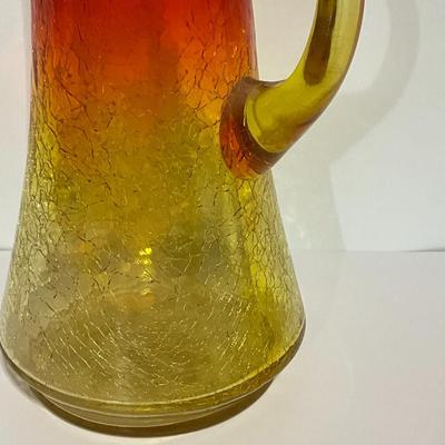 Vintage 12" Kanawha Amberina Red/Yellow Sunburst Crackle Glass Pitcher.