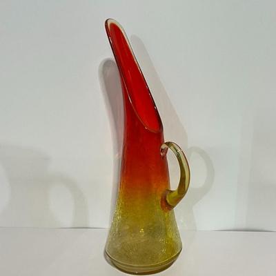 Vintage 12" Kanawha Amberina Red/Yellow Sunburst Crackle Glass Pitcher.