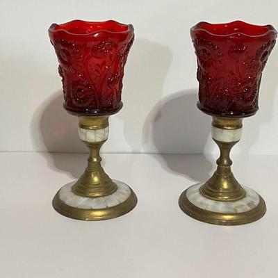 Red Glass/brass Candlesticks with mother of pearl inlay