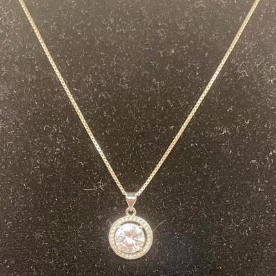 Sterling Silver Necklace with Faux Solitaire Diamond Pendant