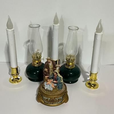 Jesus Music Box w/Oil Lamp, and Window Candles