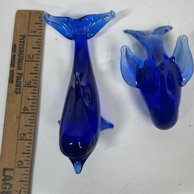 Hand-Blown Blue Glass Dolphin Pair