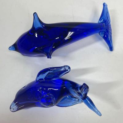 Hand-Blown Blue Glass Dolphin Pair