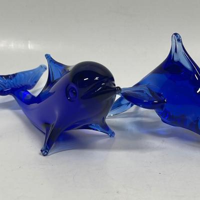 Hand-Blown Blue Glass Dolphin Pair