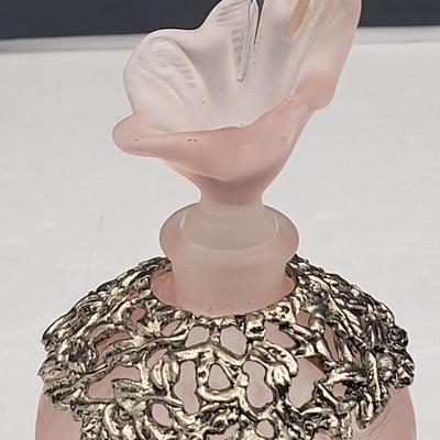 80's Frosted Pink Crackle Glass Hummingbird Perfume Bottle