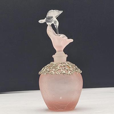 80's Frosted Pink Crackle Glass Hummingbird Perfume Bottle