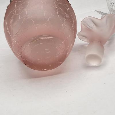 80's Frosted Pink Crackle Glass Hummingbird Perfume Bottle