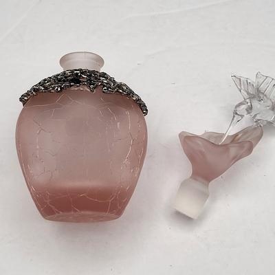 80's Frosted Pink Crackle Glass Hummingbird Perfume Bottle