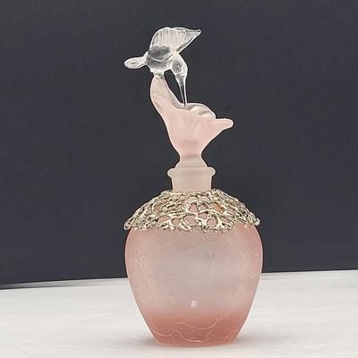 80's Frosted Pink Crackle Glass Hummingbird Perfume Bottle